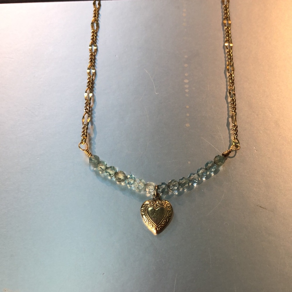 HAND CRAFTED Blue Gold apatite Heart Pendant necklace Dainty Feminine Metallic - Picture 5 of 9